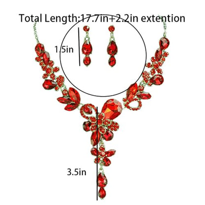 Rhinestone Crystal Bridal Necklace Floarl Art Deco Teardrop Collar Necklace Dangle Earrings Jewelry Set for Women - color: Red