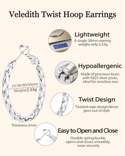 3MM Thin Sterling Silver Hoop Earrings for Women Hypoallergenic | Lightweight Small Silver Hoop Earrings Thin Twisted Hoop Earrings for Sensitive Ears - color: Silver-30MM