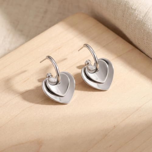 Two Tone Heart Dangle Earrings for Women Gold and Silver Heart Hoop Earrings 14K Gold Plated Valentine's Day Trendy Jewelry Everyday Jewelry - color: silver