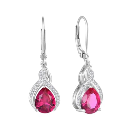 925 Sterling Silver Infinity Teardrop Earrings for Women | Lwsary Dangle Drop Leverback Earrings, Pear Shaped Birthstone Jewelry for Her - color: Deep Red