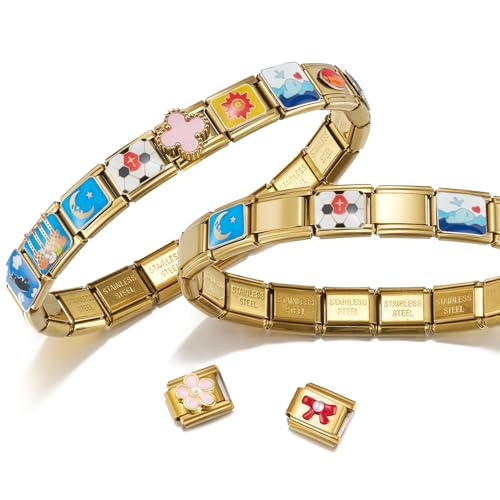 Stainless Steel Italian Charm Bracelet, 18 Link Starter Bracelet 9mm Charms | Italian Charm Bracelet with 9Pcs/20Pcs Charms and Opening Tools, Classic 9mm Modular Charm, Personalized Jewelry Gift - color: Random 20Pcs Gold