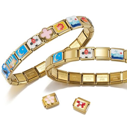 Stainless Steel Italian Charm Bracelet, 18 Link Starter Bracelet 9mm Charms | Italian Charm Bracelet with 9Pcs/20Pcs Charms and Opening Tools, Classic 9mm Modular Charm, Personalized Jewelry Gift - color: Random 20Pcs Gold