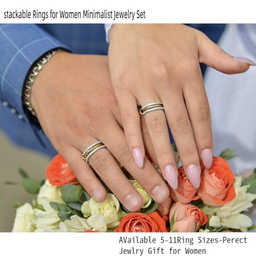 Stackable Rings Women Non Tarnish 18K Gold CZ Interlocking Ring Set | 18K Gold Plated, Hypoallergenic & Non Tarnish, Cubic Zirconia, Mixed Metals, Dainty Stacking Set, Gift for Her - color: gold and silver color