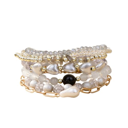 7PCS Boho Bohemia Multilayer Beaded Bracelet Set Stackable Crystal Bead Bracelets Heart Pearl Charms Multicolor Bohemian Stretch Bracelets for Women Summer Beach Jewelry Gifts - color: White