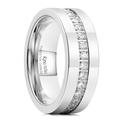 King Will Mens Tungsten Wedding Band with Cubic Zircon Inlay 7mm/8mm Flat Cut Comfort Fit Engagement Rings - color: Silver&White