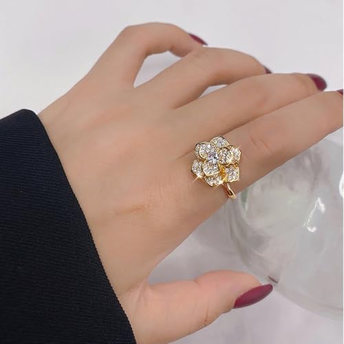 Crystal Rose Flower Spinner Fidget Open Statement Ring for Women CZ Floral Rotated Relief Anxiety Stacking Finger Rings Wedding Engagement Promise Bands Dainty Birthday Jewelry for Adjustable - color: Gold