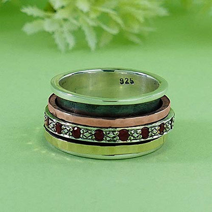 Hammered Meditation Ring 1.6 Carat Natural Red Garnet Mixed Metal Two tone Solid 9k Yellow & Rose Gold 925 Sterling Silver Spinner Ring Bohemian Jewelry For Women Fidget Ring Made in Israel