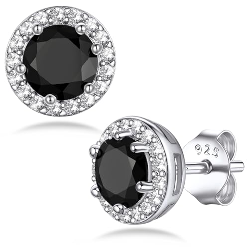 Bestyle Sparkling 925 Sterling Silver Birthstone Stud Earrings for Women, Heart/Round/Teardrop/Square Solitaire Diamond Studs Earrings, Great Birthday/Christmas Gifts - style: 00. Black Onyx-round