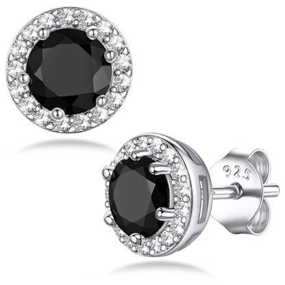 Bestyle Sparkling 925 Sterling Silver Birthstone Stud Earrings for Women, Heart/Round/Teardrop/Square Solitaire Diamond Studs Earrings, Great Birthday/Christmas Gifts - style: 00. Black Onyx-round
