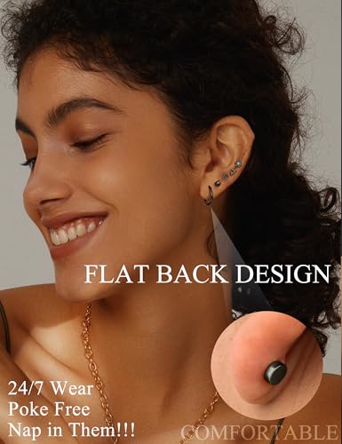 LOLIAS 21 Paris Stainless Surgical Steel Flat Back Earrings Hypoallergenic | 20G Cartilage Earring Stacks,Screw Back Nap Flatback Stud Earrings for Sensitive Ears Women,Earring Set,Pack Piercing Jewelry - color: Black-plated