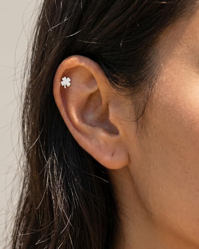 Flat Back Earrings for Women Cartilage Helix | Comfortable Dainty Cute Dragon Bee Bird Phoenix Dragonfly Cute Animal Leaf Spiral Rhombus Design Flatback Stud Earrings - color: silver clover