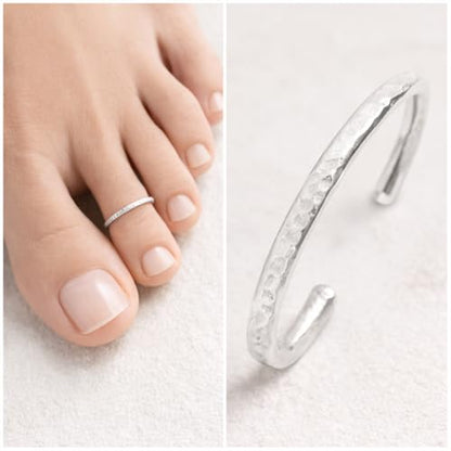 Ellie J Maui 14K Gold Filled Toe Rings for Women Adjustable Open Back Hammered Toe Ring Handmade Non Tarnish Dainty Gold Toe Ring Summer Beach Foot Jewelry (Rose Gold, Silver, Gold) - color: Sterling Silver