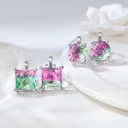 YOQUCOL 2 Pairs 8MM Cubic Zirconia Crystal Clip On Stud Earrings Non Pierced Stud Earrings For Women - color: Aurora-Pink Green