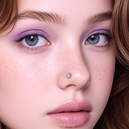 MeIighting 3pcs 20G L-Shaped Nose Ring Set, 7mm Star and Moon Nose Studs, Stainless Steel 316L Nose Jewelry with White Opal and Zircon, Celestial Nose Piercing Jewelry for Women