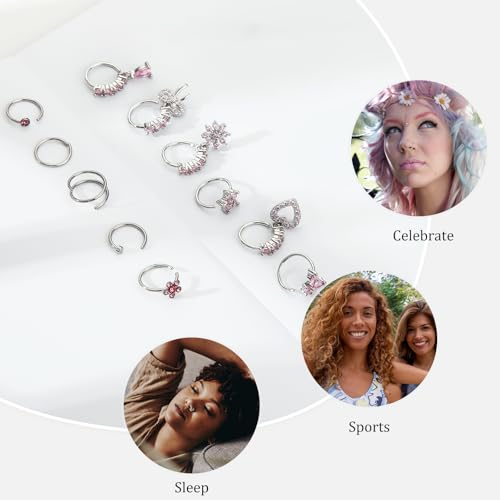 BSJ4U Hoop Nose Rings for Women Nose Piercings 20G Stainless Steel Nose Rings Hoops Heart Butterfly Flower Bow Teardrop Double Nose Hoops Gold Plated Silver Pink Clear CZ Nose Piercing Jewelry - color: Silver Pink Nose Rings