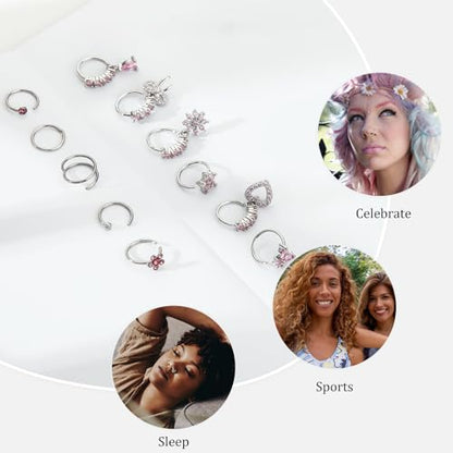 BSJ4U Hoop Nose Rings for Women Nose Piercings 20G Stainless Steel Nose Rings Hoops Heart Butterfly Flower Bow Teardrop Double Nose Hoops Gold Plated Silver Pink Clear CZ Nose Piercing Jewelry - color: Silver Pink Nose Rings