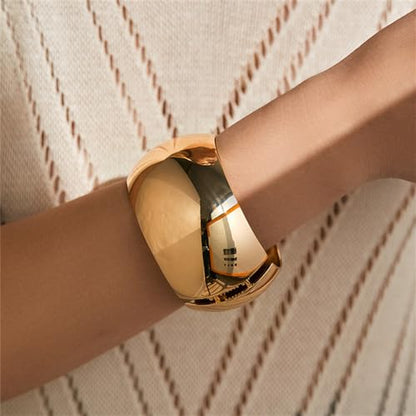 Extra Wide Chunky Bangle Bracelets for Women Dainty Minimalist Classic 14K Yellow Gold Plated Cuff Wrist Open Bangles Statement Unique Exaggerate High Polished Fashion Trendy Jewelry Gift - color: Gold-Tone
