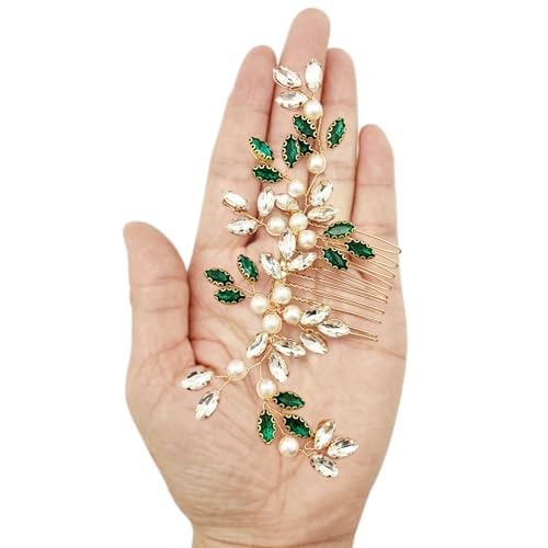 Pearl Crystal Hair Comb Bridal Green Rhinestone Gold Vine Hair Piece Accessories for Wedding Women - color: Green