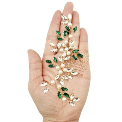 Pearl Crystal Hair Comb Bridal Green Rhinestone Gold Vine Hair Piece Accessories for Wedding Women - color: Green