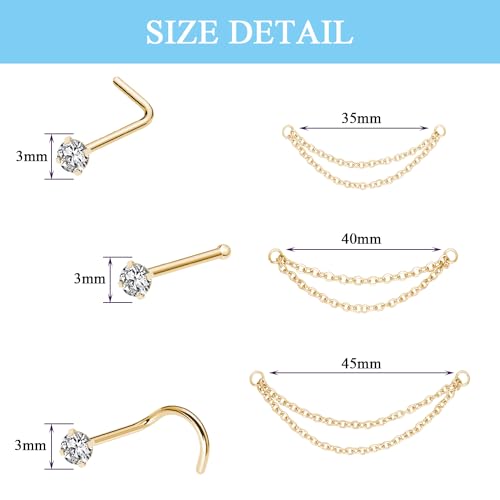 Nose Ring Chain Across Nose Black Stainless Steel Nostril Nose Piercing Chain with Cubic Zirconia Nose Screw Bone L-Shaped Ring for Women Body Piercing Nostril Jewelry with Bridge Chain - color: Gold-Double Nose Chain Studs