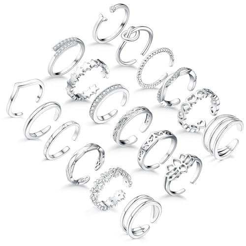 18PCS Toe Rings for Women | Non Tarnish Gold/Silver Rings Open Flower CZ Band Toe Ring Set Adjustable Ring Summer Beach Foot Jewelry Gifts - color: Silver