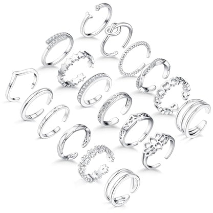 18PCS Toe Rings for Women | Non Tarnish Gold/Silver Rings Open Flower CZ Band Toe Ring Set Adjustable Ring Summer Beach Foot Jewelry Gifts - color: Silver