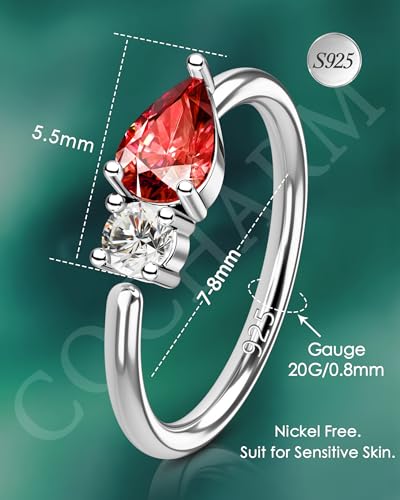 20G 925 Sterling Silver Small Thin Nose Ring Hoop for Women, Silver 7mm - 8mm Adjustable Half Hoop Nostril Piercing Jewelry - color: Red CZ