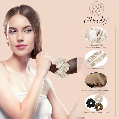 3 Pcs Large Satin Scrunchies, 6 Inch Hair Ties For Thick Curly Hair | Sleepy Hair Tie, Self-Care Gifts, Soft Padded Satin, Hair Scrunchies, Reduces Frizz and Pulling, for Thick or Fine Hair - color: Brown Series