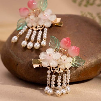 A Pair Wedding Hair Clips, Handmade Floral Design Crystal Hair Clips Pearl Barrettes, Rhinestones Flower Clips Pearl Headpieces Hair Pins Hair Accessories for Women Girls (White Peach) - color: White Peach
