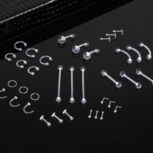 36Pcs Clear Piercing Retainers Plastic Piercings for Surgery Nose Rings Studs Tongue Belly Ring Septum Eyebrow Nipple Lip Labret Tragus Cartilage Earring Industrial Bar for Work