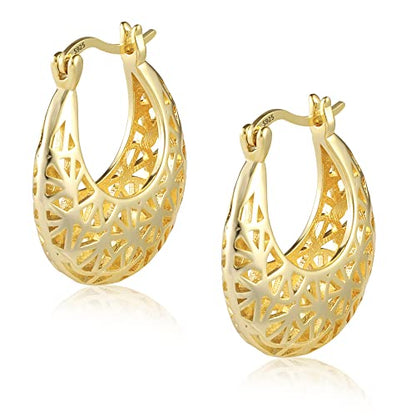 ALEXCRAFT Gold Filigree Hoop Earrings for Women 14K Gold Plated Medium Size Hypoallergenic Statement Earring | 14K Gold Plated Medium Size Hypoallergenic Earring
