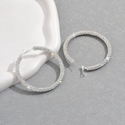Large Silver Rhinestone Hoop Earrings Sparkly Big Hoop Earrings for Women Bling Chunky Silver Hoops 40/50/60/70mm Trendy Prom Wedding Christmas Jewelry - style: Diameter - 70mm