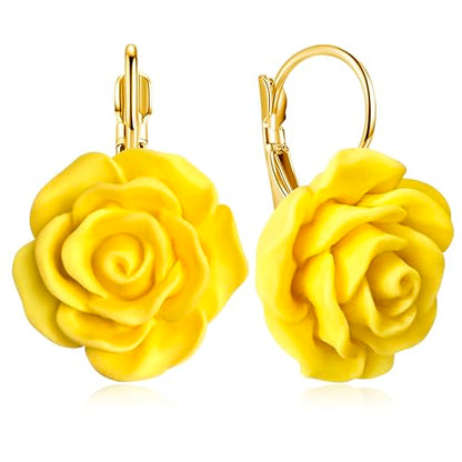 Handmade Bohemian Aesthetic Dainty Acrylic Flower Petal Leverback Earrings Sparkly 14K Gold Floral Dangle Drop Earrings for Women - color: Yellow