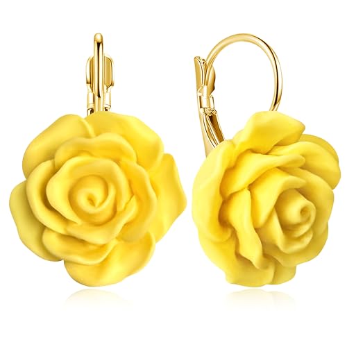 Handmade Bohemian Aesthetic Dainty Acrylic Flower Petal Leverback Earrings Sparkly 14K Gold Floral Dangle Drop Earrings for Women - color: Yellow