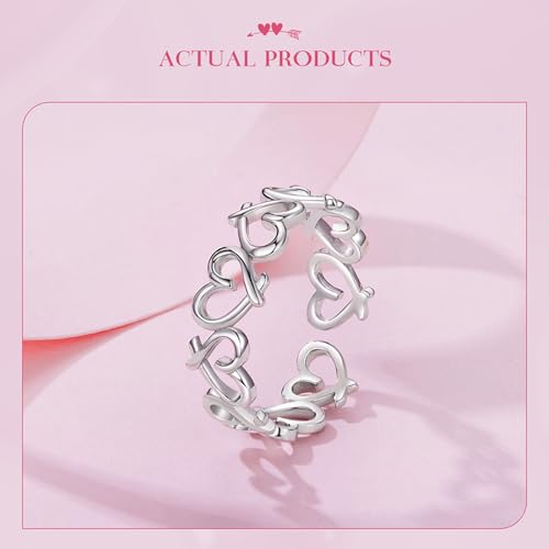 Silver Open Adjustable Stacking Rings for Women, Minimalist Wrap Band Set, Geometric/Heart/Wave/Leaf/Spiral Styles, Hypoallergenic, Gift Box Included, Thumb Ring Option - color: Heart
