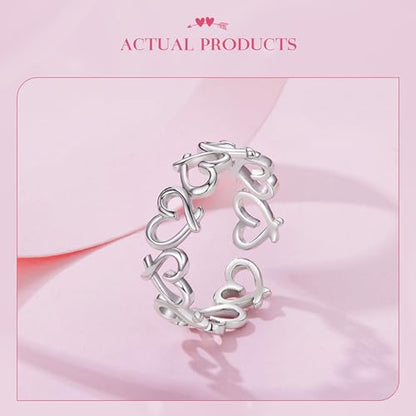 Silver Open Adjustable Stacking Rings for Women, Minimalist Wrap Band Set, Geometric/Heart/Wave/Leaf/Spiral Styles, Hypoallergenic, Gift Box Included, Thumb Ring Option - color: Heart
