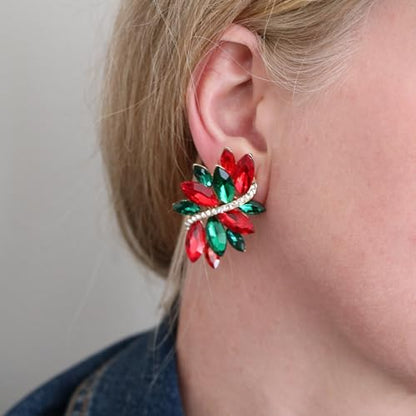 Rosemarie Collections Women's Dazzling Crystal Marquis Leaf Cluster Statement Clip On Earrings, 1.87" - style: Green With Pink Crystal Gold Tone