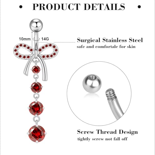 Suotarn 14G Belly Button ring Dangle Belly Rings Surgical Stainless Steel Cute Bow Butterfly Heart Flower Dangling Belly Button Piercing Jewelry For Women Silver Dainty Dangly Navel Ring - color: red