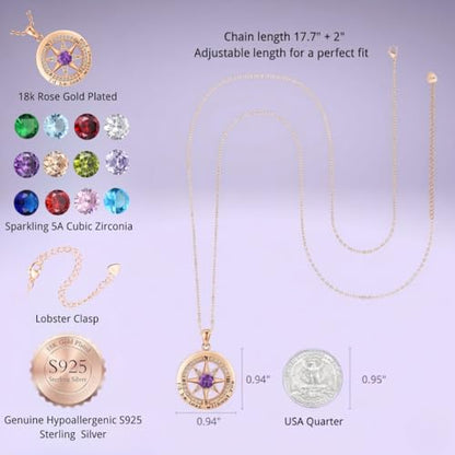 Compass Necklace for Women Wife Girlfriend Mom Daughter Gifts | S925 Silver Jewelry For Anniversary 18K Rose Gold Gifts For Birthday Christmas Mothers Valentines Day 12 Birthstones - style: 02-February-Rose Gold