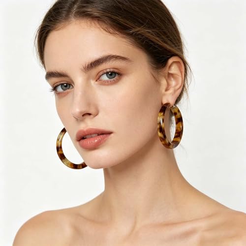 Resin Hoop Earrings for Women Lightweight Big Tortoise Shell Earrings Chunky Acrylic Earrings Hypoallergenic Mottled Statement Fashion Jewelry Gifts - color: A