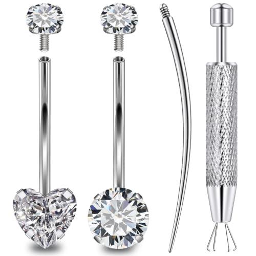 Long & Extra Long Bar Belly Button Ring Internal Thread Hypoallergenic Surgical Stainless Steel 14mm 16mm 14 Gauge Navel Rings Cubic Zirconia Buuton Body Piercing Jewelry for Women Men - color: Silver-Tone 16mm