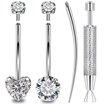 Long & Extra Long Bar Belly Button Ring Internal Thread Hypoallergenic Surgical Stainless Steel 14mm 16mm 14 Gauge Navel Rings Cubic Zirconia Buuton Body Piercing Jewelry for Women Men - color: Silver-Tone 16mm