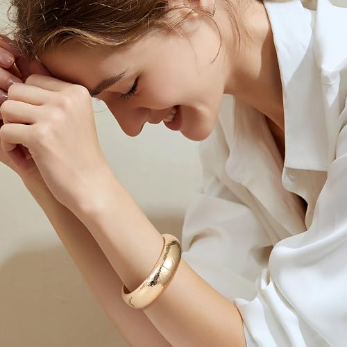 NICEIGHT 18K Gold Plated Chunky Bangle Bracelets for Women Gold Wide Cuff Bangle Bracelet Hammered Minimalist Thick Gold Wrist Wrap Bracelets - color: Gold Thin Hammered Bracelet