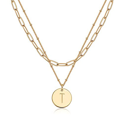Valloey Rover Initial Necklaces for Women 14K Gold Plated Dainty Letter Necklce Round Coin Disc Pendant Double Side Engraved A-Z Necklace Personalized Jewelry Gift for Women - color: Layer-T