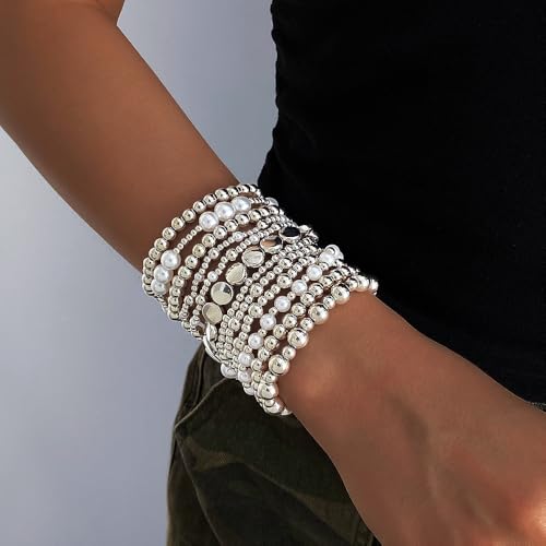 KISS WIFE Gold Beaded Bracelets for Women, Stackable Stretch Bracelet Set | 13 stretch bracelets combine polished gold-tone beads and faux pearls for stacked or individual everyday styling. - color: Silver