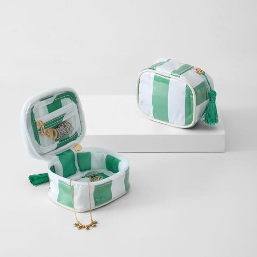 Travel Jewelry Case, White and Green | Clear Coated, Stripe, Tassels, Mini Storage Box for Ring,Necklace,Bracelet,Gift - color: White+Green