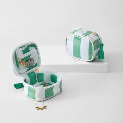Travel Jewelry Case, White and Green | Clear Coated, Stripe, Tassels, Mini Storage Box for Ring,Necklace,Bracelet,Gift - color: White+Green