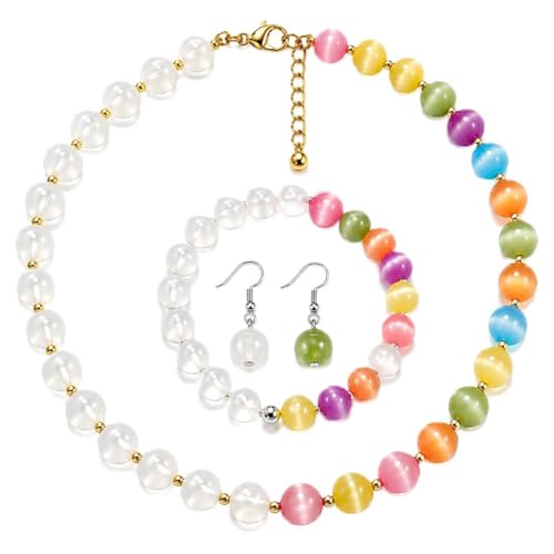 Dopamine Necklace UV Reactive Colorful Rainbow Beaded Necklace Dopamine Jewelry Set Color Changing Mood Necklaces Bracelet Earrings Summer Beach Vacation Gift for Women - color: A7：gold changing jewerly set