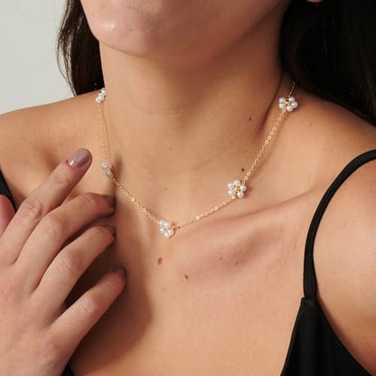 Pearl Necklace for Women- 14K Gold-plated/White Gold-plated Dainty Pearl Necklace for Women - color: Gold daisy flower