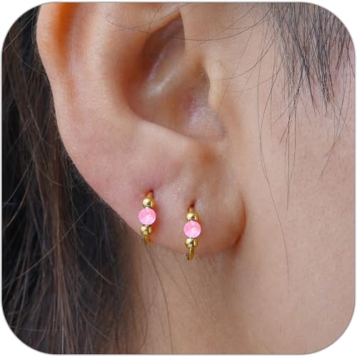 2 Pcs Small Cartilage Hoop Earrings for Women Men, 18G Opal Silver Earrings Hypoallergenic 316L Surgical Steel Hinge Huggie Hoop Earrings for Helix,Tragus,Conch,Rook,Earlobe Piercing Jewelry Nose Ring - style: 2Pcs 8mm Pink Opal/Gold